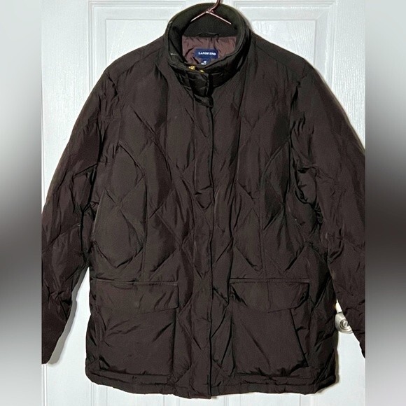 Land’s End Puffer Quilted Goose Down Feathers Brown Jacket Coat Zip Snap 1X - Picture 1 of 7